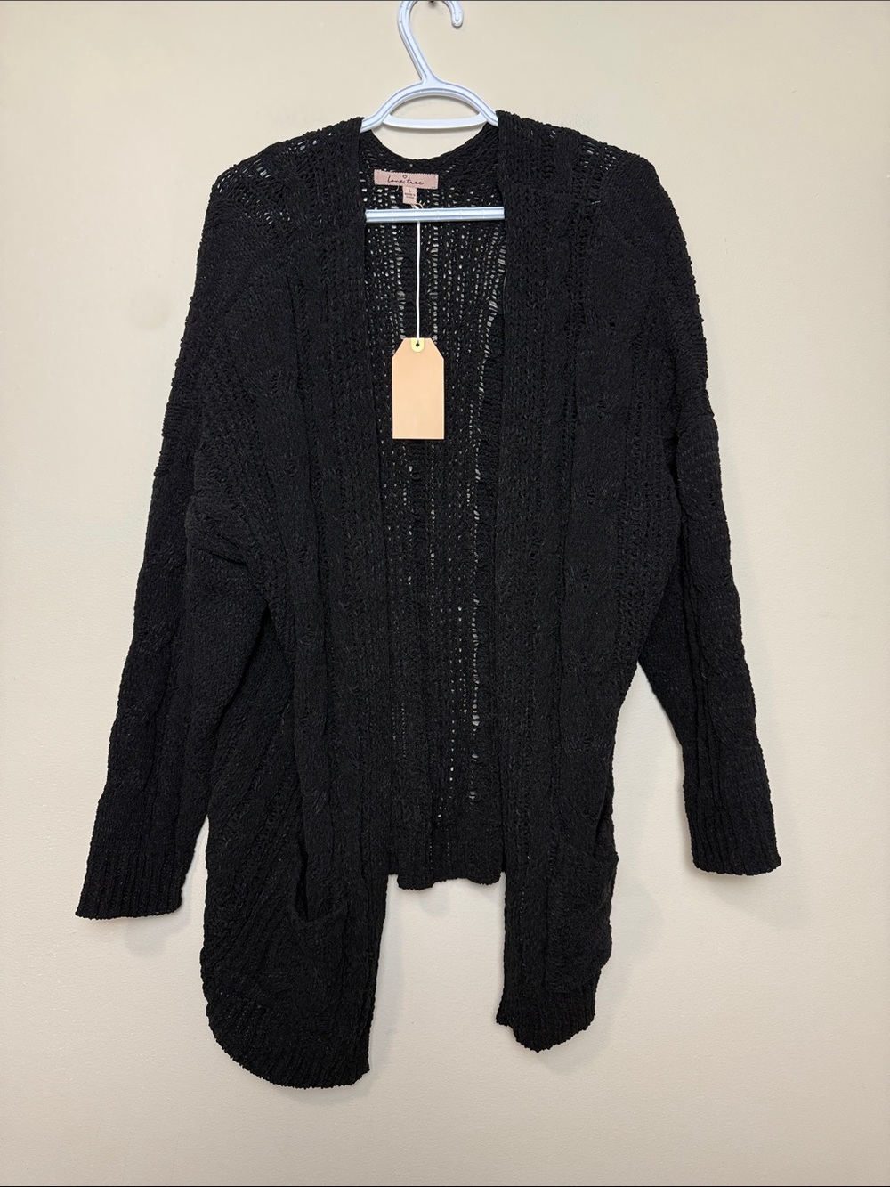 Love tree Cozy Open-Front Black Cable Knit Cardigan – Women size L